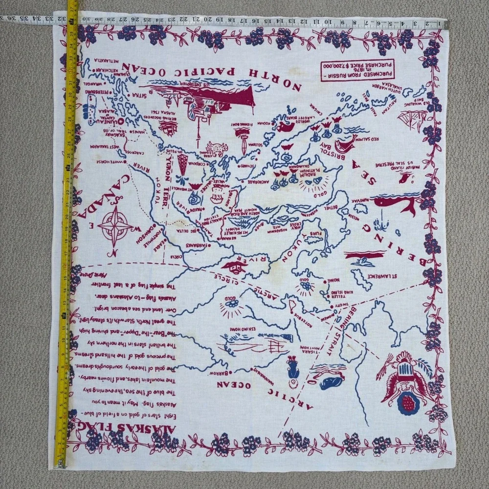 Vintage 1940s‎ 1950s Alaska Map Souvenir Table Cloth 37
